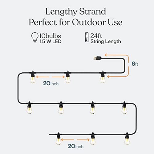 Brightech Ambience Pro USB Powered String Lights - 24 Ft Commercial Grade Waterproof String Lights - Outdoor Shatterproof Patio Lights for Camping, Backyard, Porch - 1.5W LED Warm White Light - Image 6