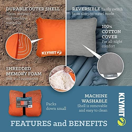 Klymit Drift Camping Pillow, Shredded Memory Foam Travel Pillow with Reversible Cover for Outdoor Use, Large, Orange - Image 2