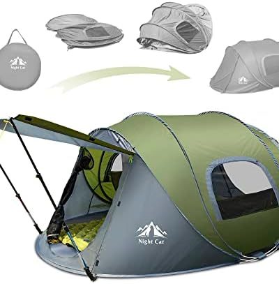 Night Cat Upgraded Pop up Tent 2-4 Persons Easy Setup in 3 Seconds Instant Camping Tent with Porch Automatic Foldable Waterproof Beach Package 40% Smaller